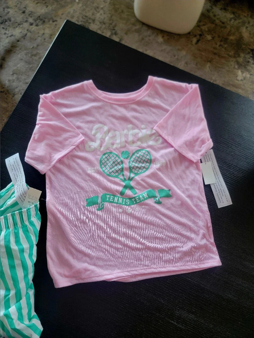Barbie Pink Tee with Green Striped Tennis Shorts Pajama Set Size XL (14)